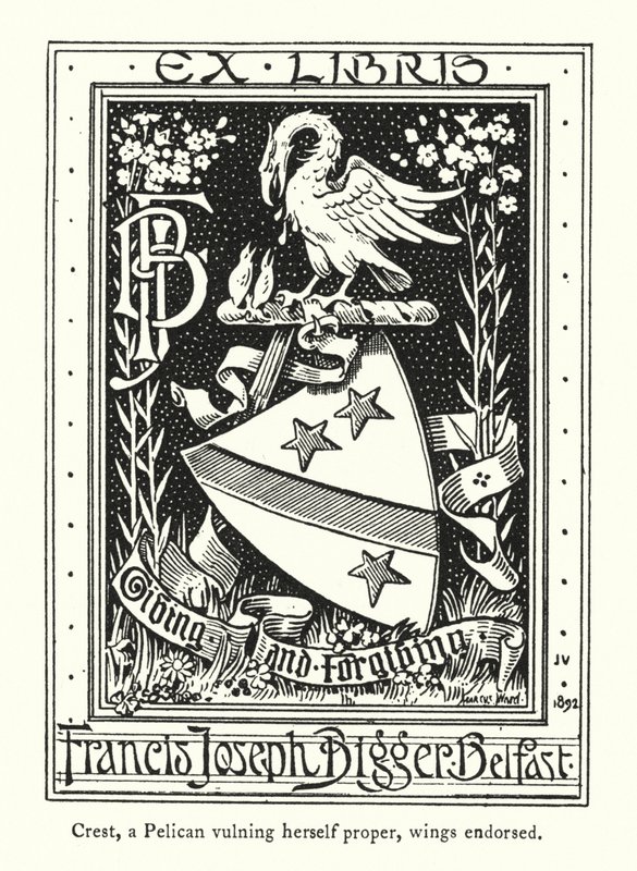 Crest, uma Pelican vulning propriamente dita, asas endossadas (gravura) de English School
