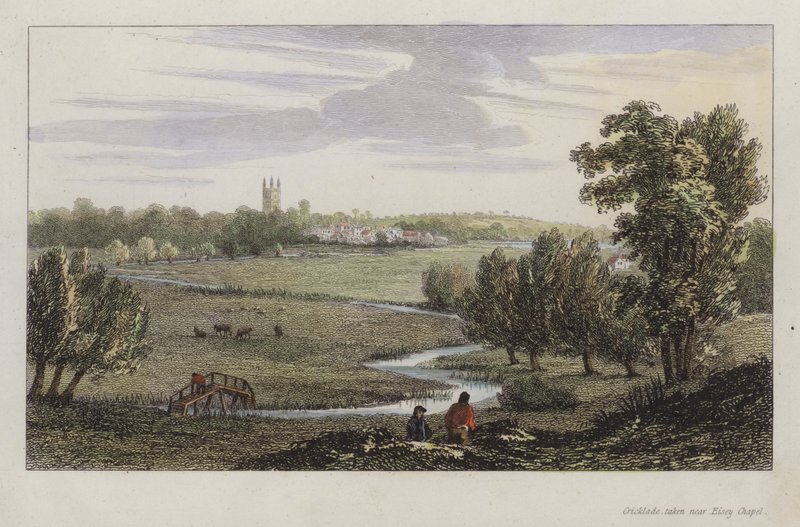 Cricklade, tomada perto de Eisey Chapel, Wiltshire (gravura colorida) de English School
