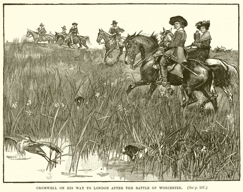 Cromwell em seu caminho para Londres após a batalha de Worcester de English School