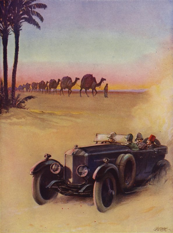 Atravessar o deserto em comboio de camelos e em automóvel (cor litho) de English School