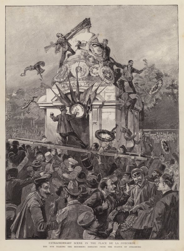 Multidões demolindo emblemas de luto da estátua de Estrasburgo, na Place de la Concorde, Paris de English School