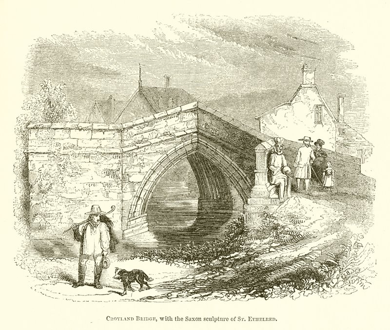Ponte Croyland, com a Escultura Saxônica de Santa Ethelred (gravura) de English School
