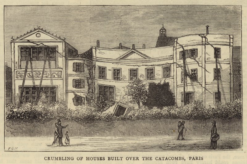 Desintegração de casas construídas sobre as Catacumbas, Paris (gravura) de English School