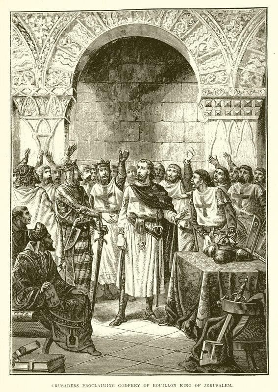 Cruzados proclamando Godfrey de Bouillon rei de Jerusalém de English School