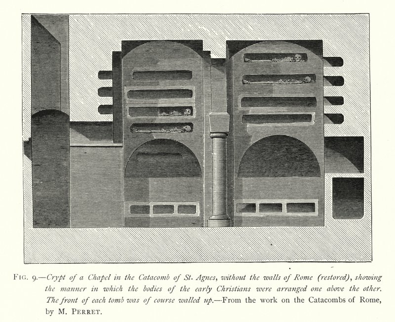 Cripta de uma Capela na Catacumba de Santa Inês, sem as muralhas de Roma (restauradas), mostrando a forma como os corpos dos primeiros cristãos eram dispostos um por cima do outro (gravura) de English School
