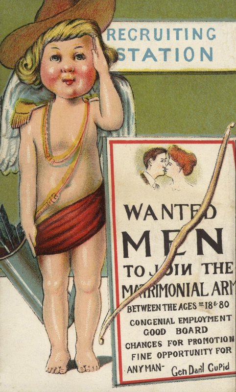 Cupido como um recrutador do exército (cor litho) de English School