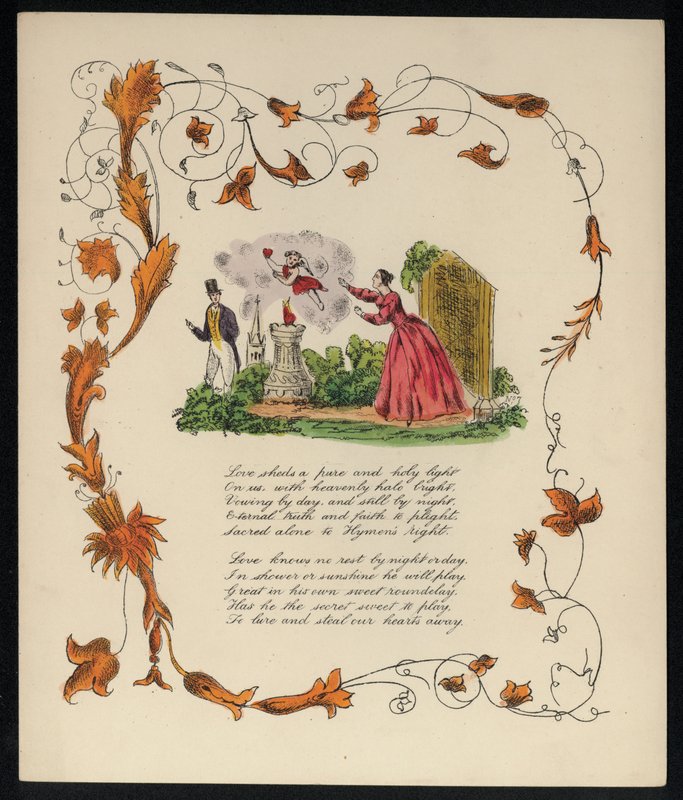 Cupido roubando o coração de uma mulher para dá-lo a um homem, poema de amor (cor litho) de English School