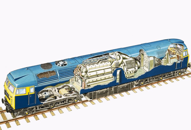 Desenho recortado de uma locomotiva diesel-elétrica britânica Raul Class 47 Brush de 2.750 bhp de English School