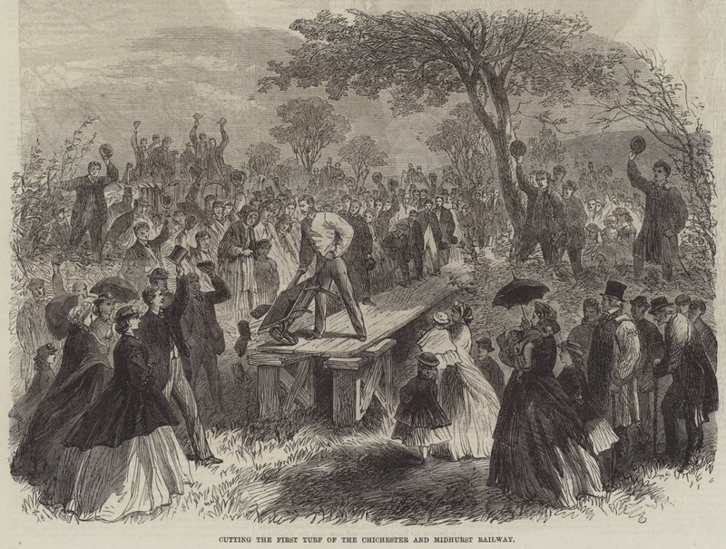 Corte do primeiro relvado do Chichester e Midhurst Railway (gravura) de English School