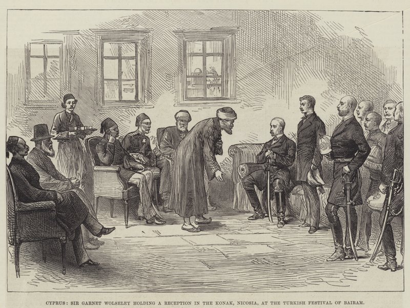 Chipre, Sir Garnet Wolseley realizando uma Recepção no Konak, Nicósia, no Festival Turco de Bairam (gravura) de English School