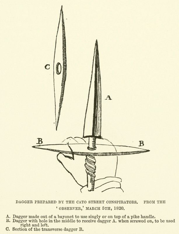 Adaga preparada pelos Conspiradores da Rua Cato, do Observador, 5 de Março de 1820 (gravura) de English School