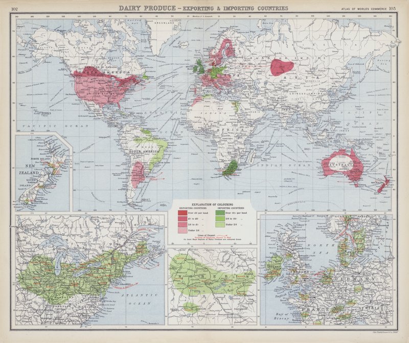 Produtos lácteos, países exportadores e importadores (litografia a cores) de English School