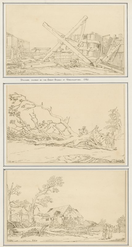 Danos causados pela Grande Tempestade em Roehampton, 1780 (tinta no papel) de English School