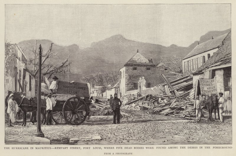 Danos na Rempart Street, Port Louis, causados pelo ciclone Mauritius Cyclone (litho) de 1892 de English School