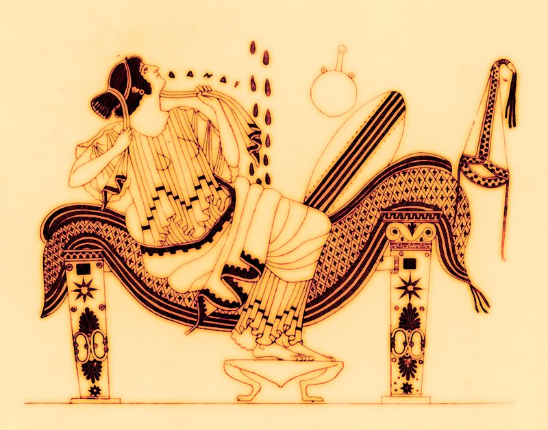 Danae e a chuva de ouro, ilustração de "Greek Vase Paintings" de JE Harrison e DS MacColl, publicado em 1894 de English School
