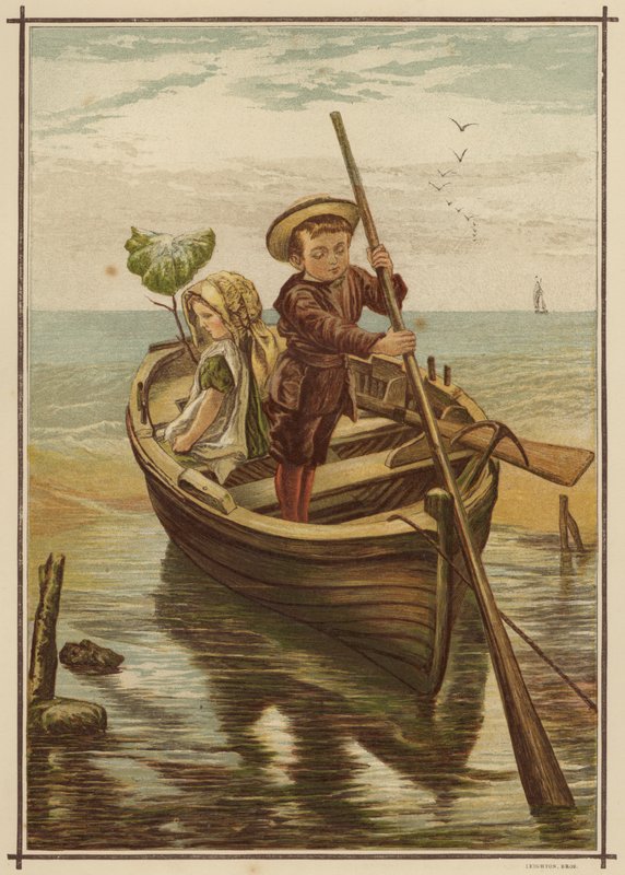 Fuga ousada: rapaz e rapariga partindo de uma praia num barco (cor litho) de English School