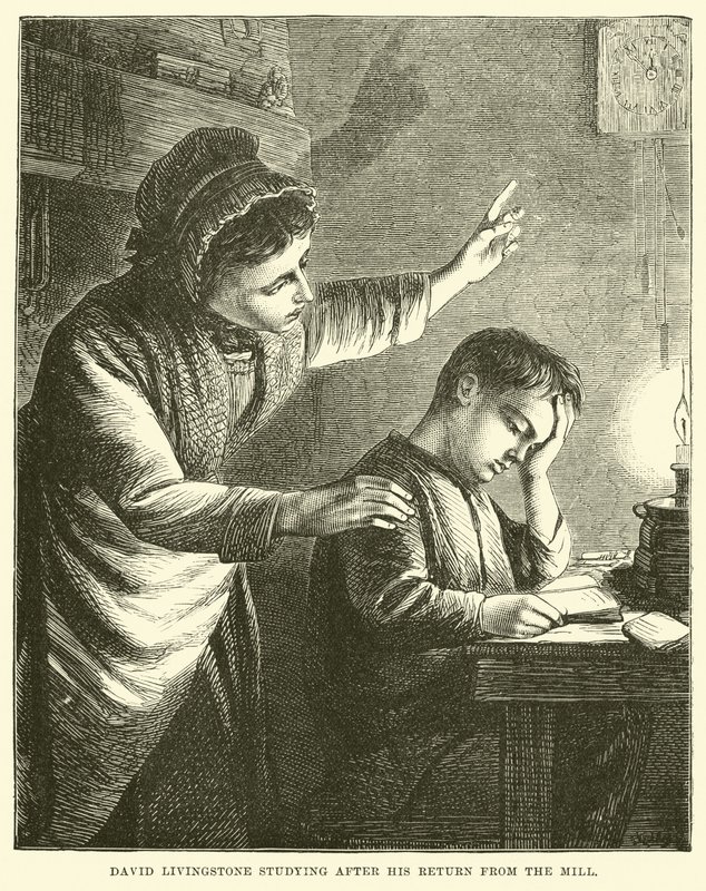 David Livingstone estudando depois de seu retorno do moinho de English School