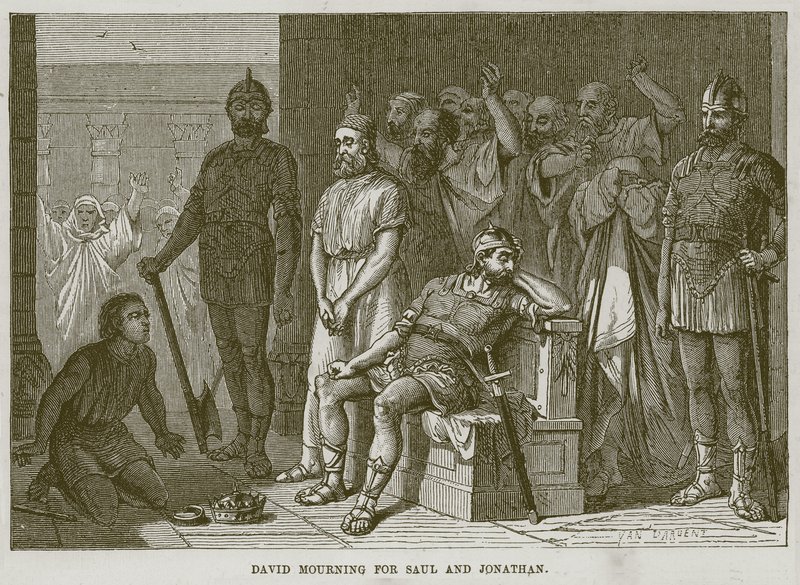 Davi lamentando por Saul e Jônatas, ilustração da Bíblia da Criança, c.1880 de English School