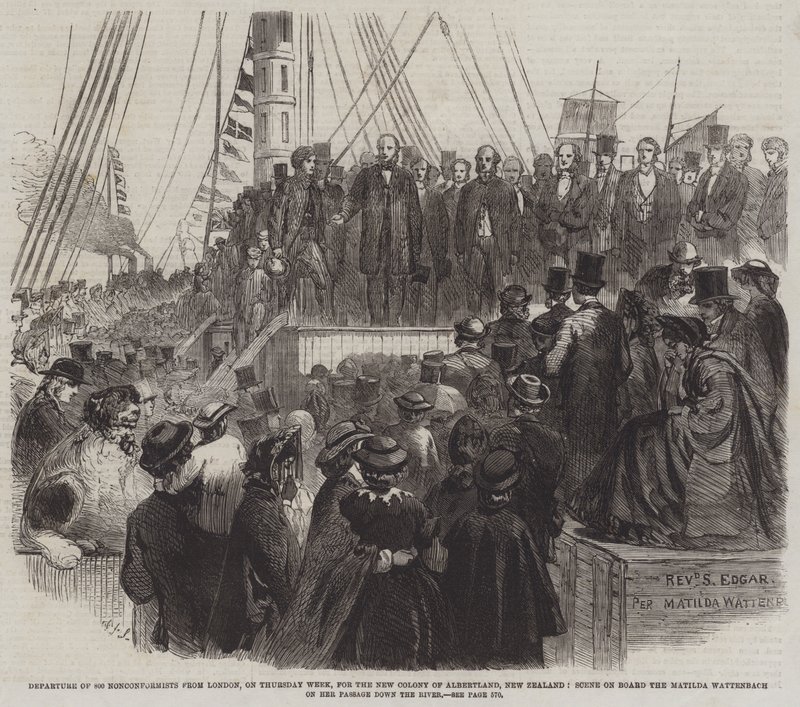 Partida de 800 Não-Conformista de Londres, na quinta-feira semana, para a Nova Colónia de Albertland, Nova Zelândia, Cena a bordo do Matilda Wattenbach na sua passagem rio abaixo (gravura) de English School