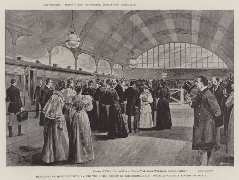 Partida da Rainha Wilhelmina e da Rainha Regente da Holanda, Cena na Estação Victoria no dia 9 de Maio (litho) de English School
