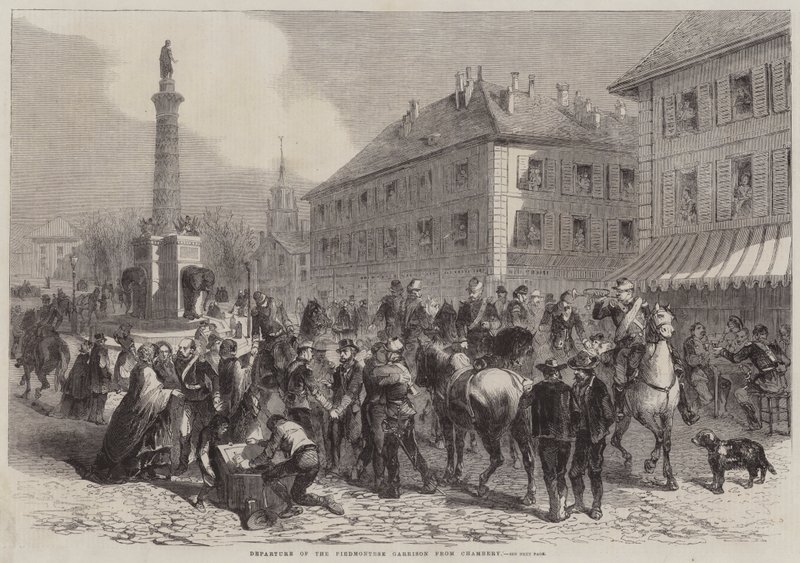 Saída da guarnição piemontesa de Chambery (gravura) de English School