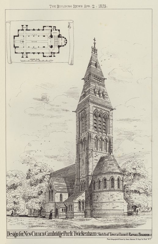 Desenho para New Church, Cambridge Park, Twickenham, Sketch of Tower e Chancel (gravura) de English School