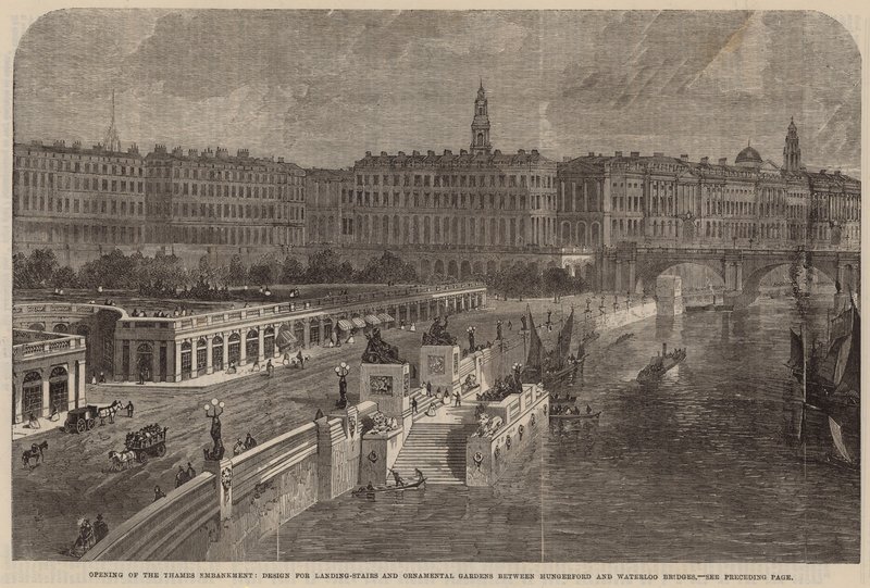 Projeto para escadas de aterrissagem e jardins ornamentais entre pontes Hungerford e Waterloo de English School