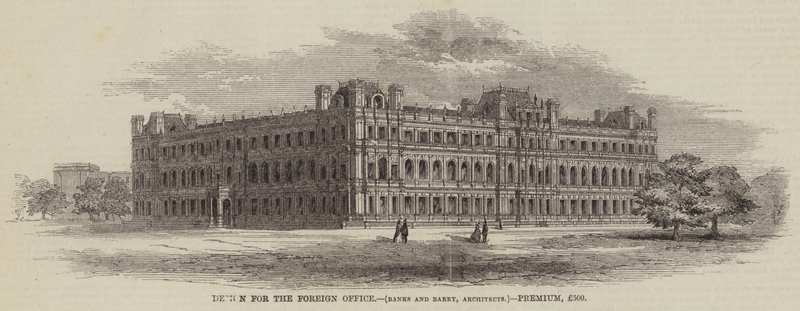 Design para o Foreign Office, Bancos e Barry, Arquitectos, Premium, £500 (gravura) de English School