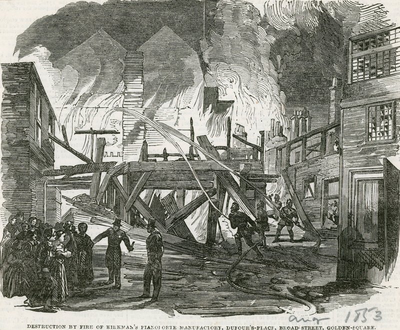 Destruction by Fire da fábrica Kirkmans Pianoforte, Dufours Place, Broad Street, Golden Square de English School