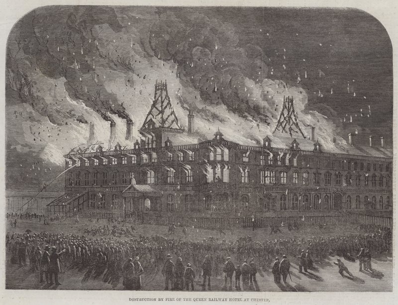 Destruição por Incêndio no Queen Railway Hotel em Chester (gravura) de English School
