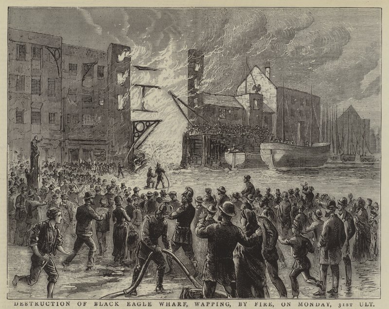 Destruição do cais de Black Eagle, em Wapping, pelo fogo, na segunda-feira, 31 de ulho (gravura) de English School