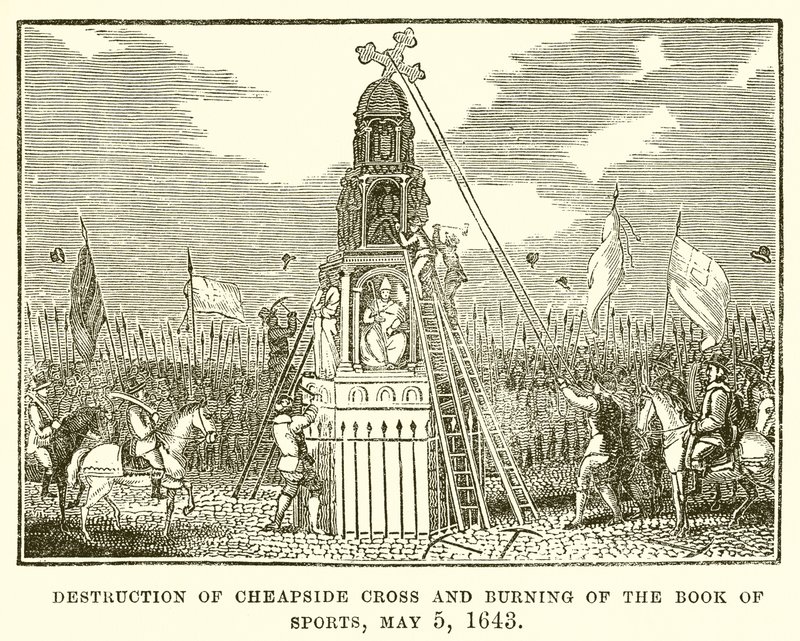 Destruição de Cheapside Cross e Burning of the Book of Sports, 5 de maio de 1643 de English School