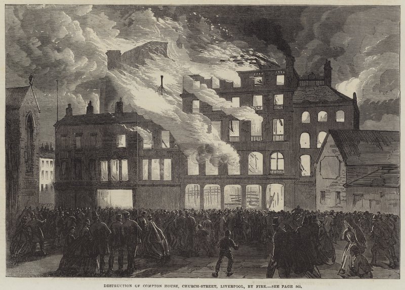 Destruição da casa de Compton, Church-Street, Liverpool, por fogo (gravura) de English School