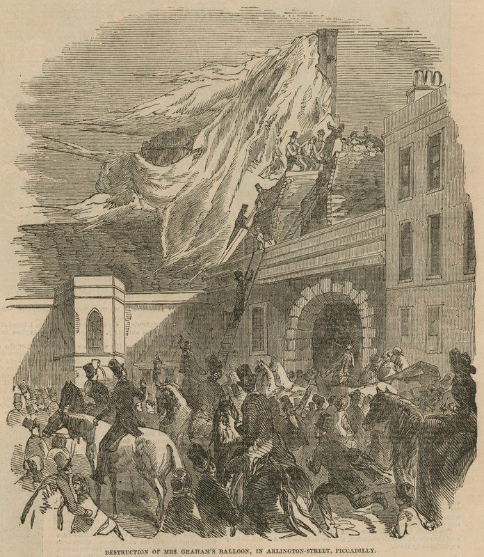 Destruição do balão da Sra. Grahams em Arlington Street, Piccadilly de English School