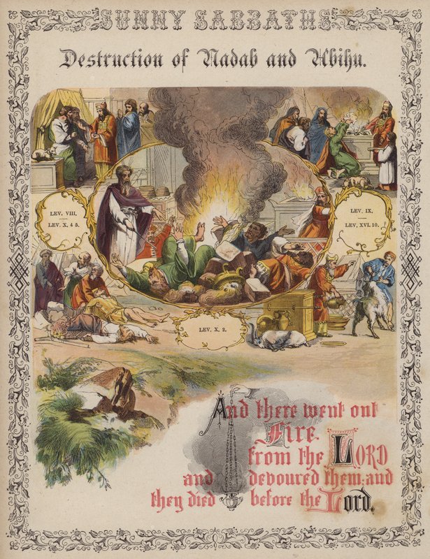 Destruição de Nadab e Abihu (gravura colorida) de English School