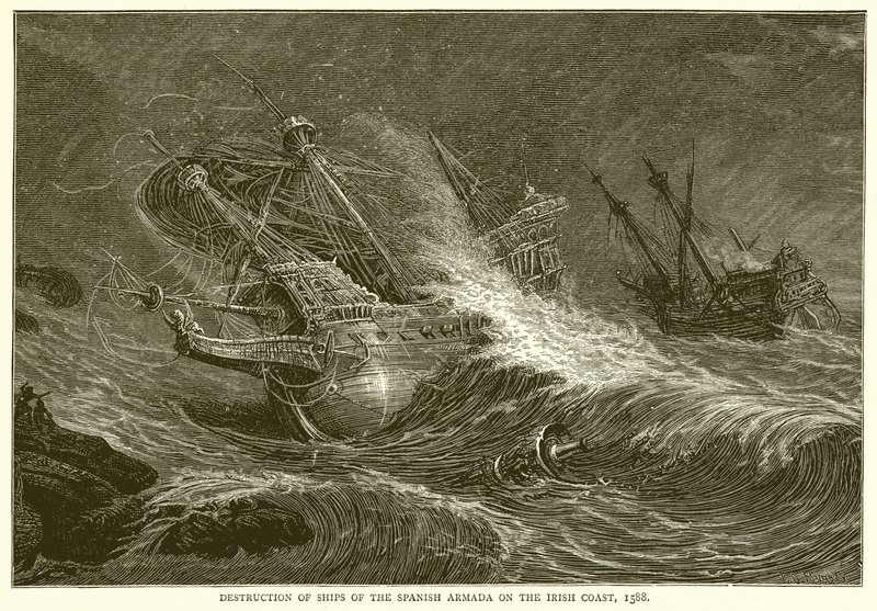 Destruição de navios da armada espanhola na costa irlandesa, 1588 de English School