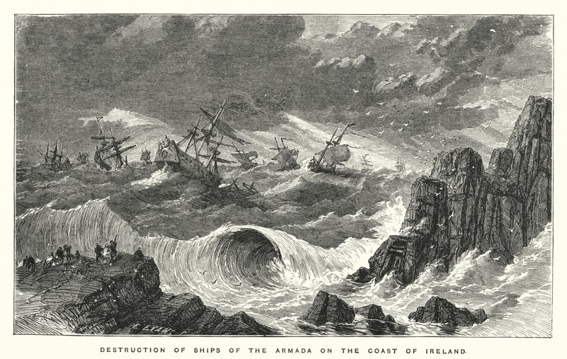 Destruição de navios da Armada na costa da Irlanda (gravura) de English School