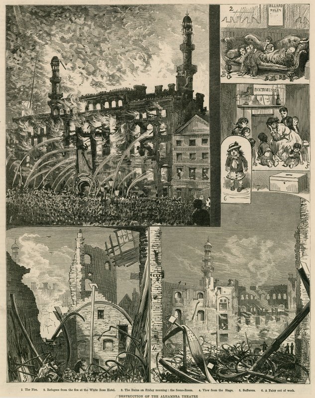 Destruição do Teatro Alhambra, Londres, em 7 de dezembro de 1882 de English School