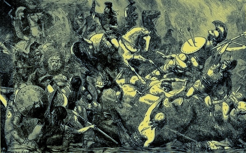 Destruição do exército ateniense na Sicília, ilustração da História Ilustrada do Mundo, publicada em 1880 (imagem digital melhorada) de English School