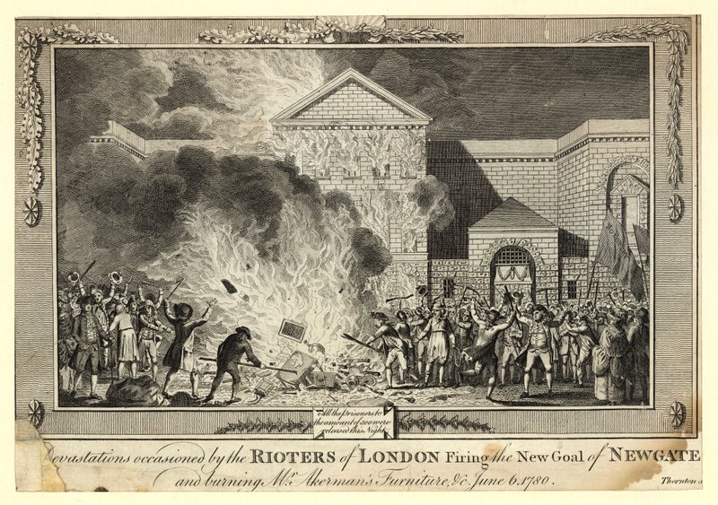 Devastações ocasionadas pelos Rioters of London que dispararam a Nova Cadeia de Newgate e queimou o Sr. Akermans Furniture, 6 de junho de 1780 de English School