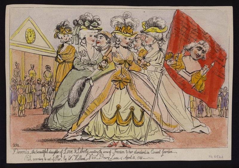 Devonia, a bela filha do amor e da liberdade, convidando os filhos da liberdade ao seu padrão em Covent Garden: sátira política sobre o apoio da duquesa de Devonshire a Charles James Fox de English School