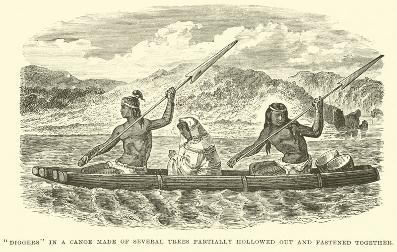 Escavadores em uma canoa feita de várias árvores parcialmente escavadas e presas juntas de English School