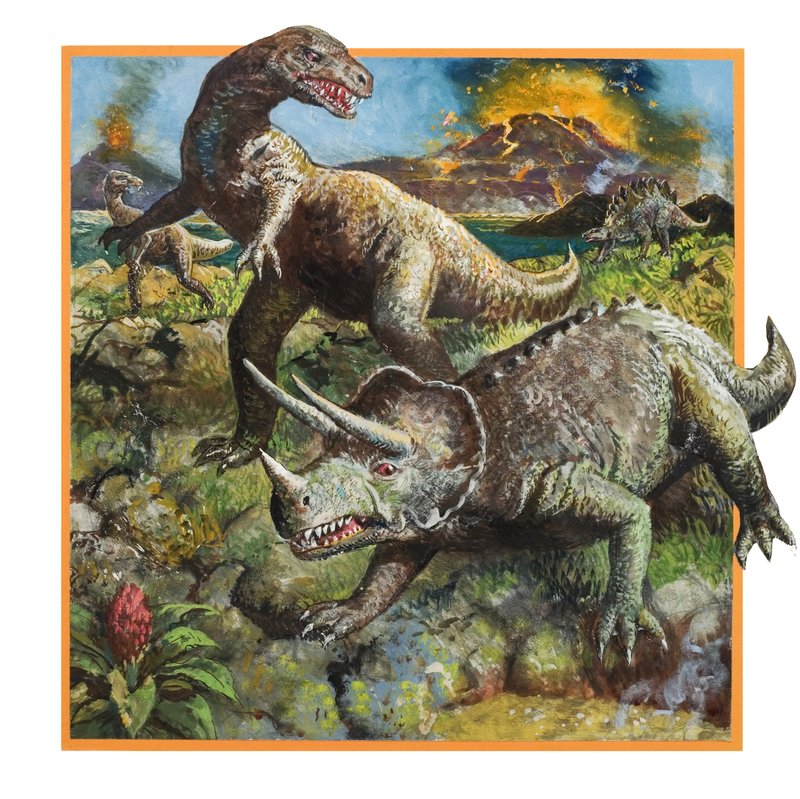 Dinossauros com vulcão (guache sobre papel) de English School