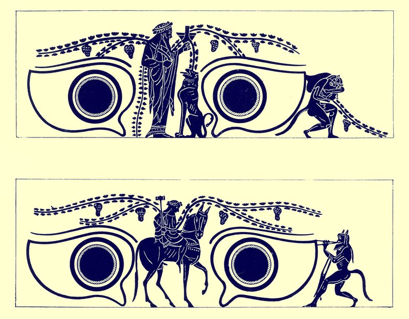 Dionysos, Hephaistos e sátiros, ilustração de Grego Vaso Pinturas por JE Harrison e DS MacColl, publicado em 1894 (digitaly enhanced image) de English School