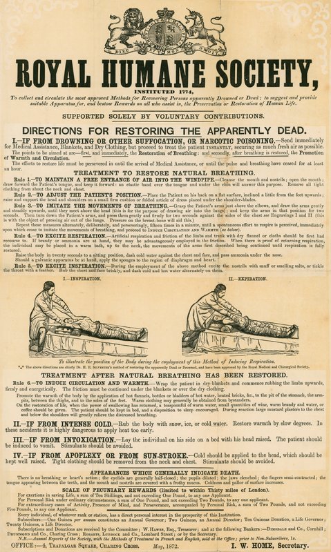 Instruções para restaurar os aparentemente mortos; emitido pela Royal Humane Society, maio de 1872 de English School