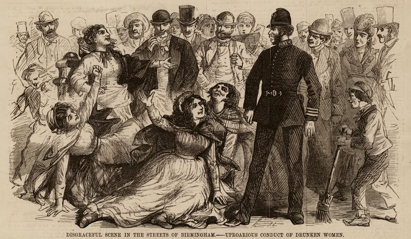 Cena vergonhosa nas ruas de Birmingham, conduta hedionda de mulheres embriagadas (gravura) de English School