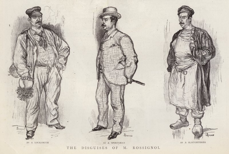 Disfarces utilizados pelo detective da polícia parisiense Gustave Rossignol (litho) de English School