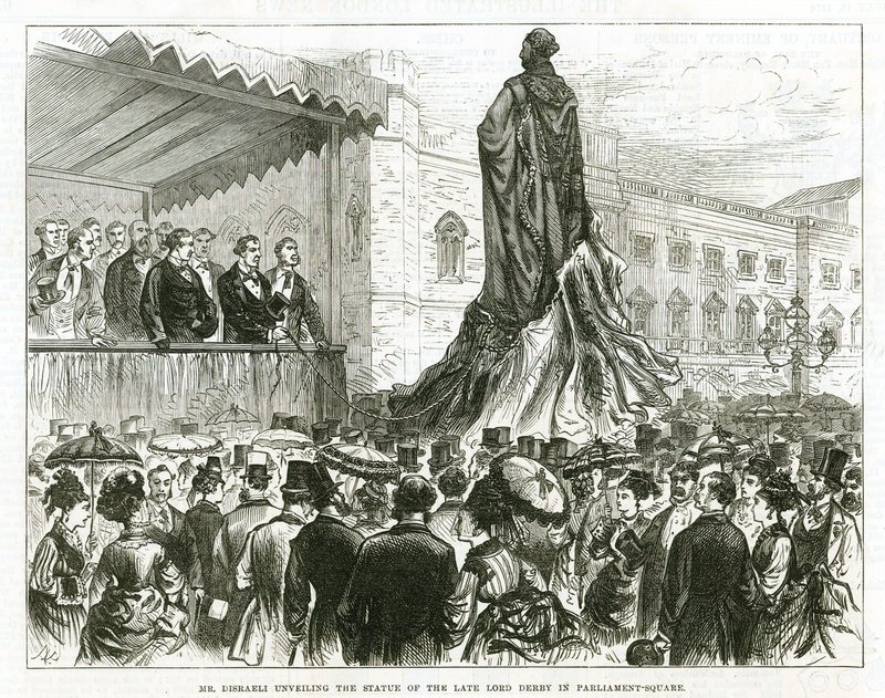 Disraeli desvelando a estátua do falecido Lorde Derby na Praça do Parlamento, Westminster de English School