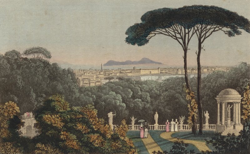 Vista distante de Nápoles, Itália (gravura colorida) de English School