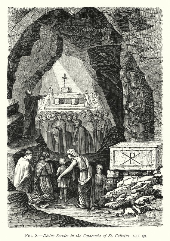 Serviço Divino nas Catacumbas de São Calixtus, 50 d.C. (gravura) de English School